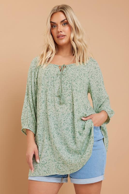 Yours YOURS Curve Sage Green Floral Paisley Print Tie Neck Top