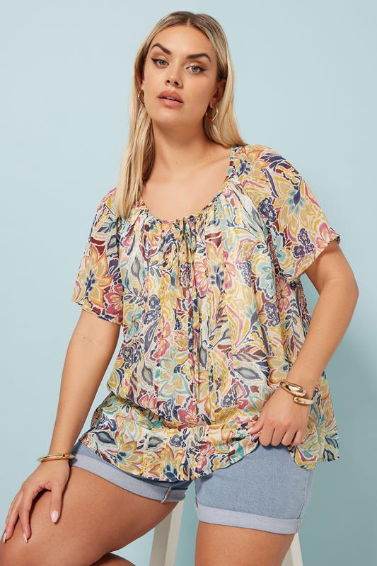 Yours YOURS Curve Yellow Floral Print Pintuck Tie Neck Blouse