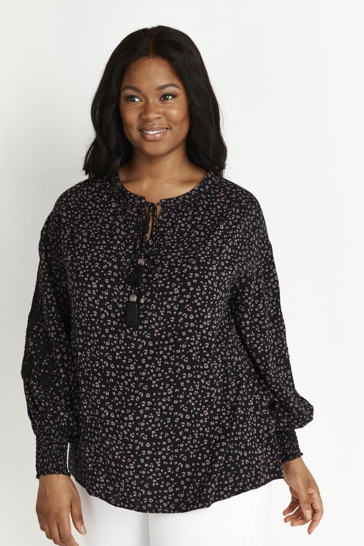 Evans Evans Black Animal Print Tassel Blouse