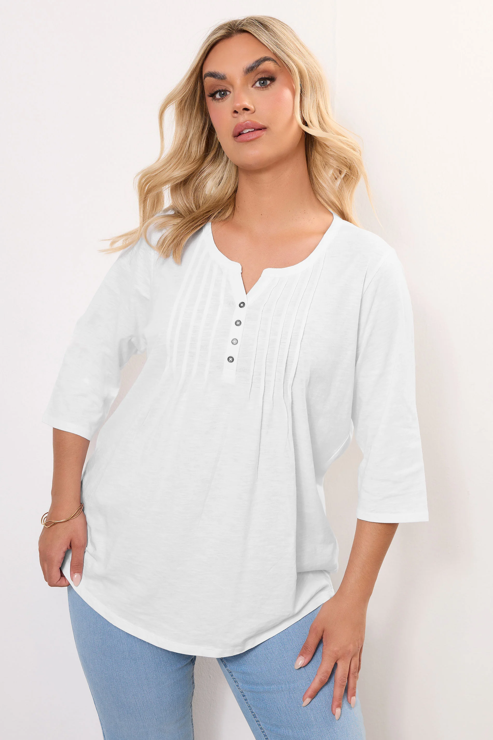 YOURS FOR GOOD YOURS FOR GOOD Curve White Pintuck Henley Top