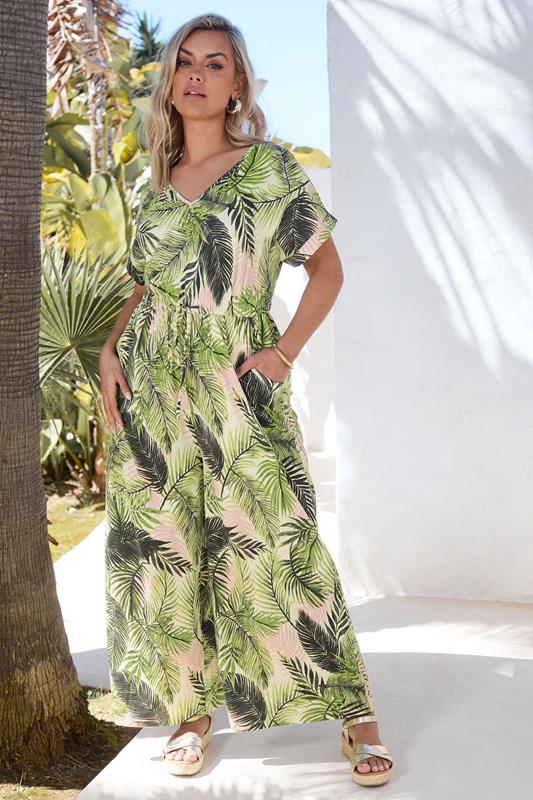 Yours YOURS Curve White Palm Print Tie Front Jumpsuit
