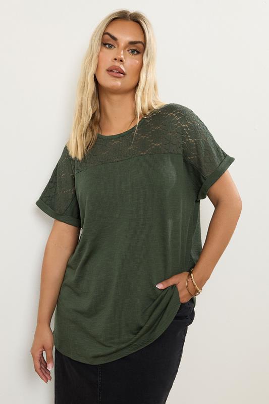 Yours YOURS Curve Khaki Green Lace Panel T-Shirt