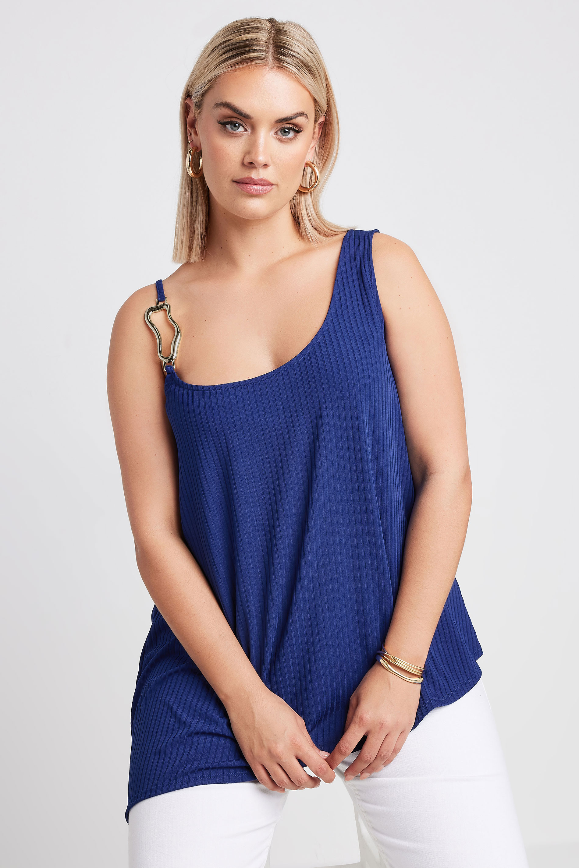 Yours YOURS Curve Blue Metal Trim Ribbed Vest Top