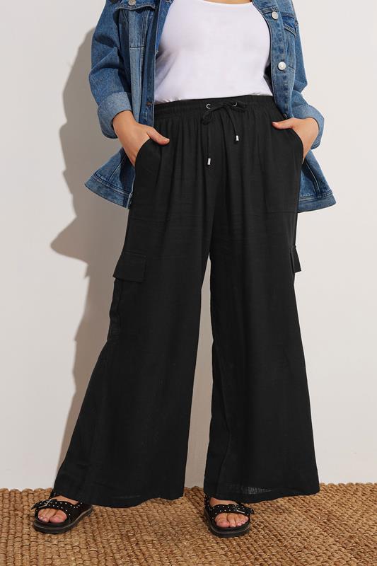 Yours YOURS Curve Black Linen Cargo Trousers