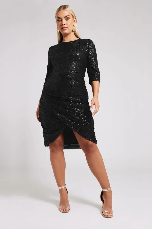Yours London YOURS LONDON Curve Black Gathered Sequin Midi Dress