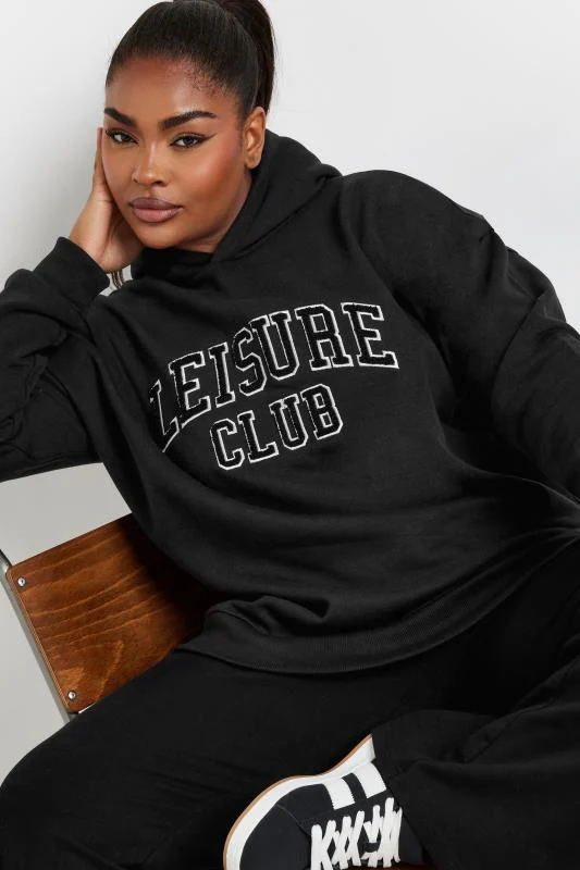Yours YOURS Curve Black 'Leisure Club' Slogan Hoodie