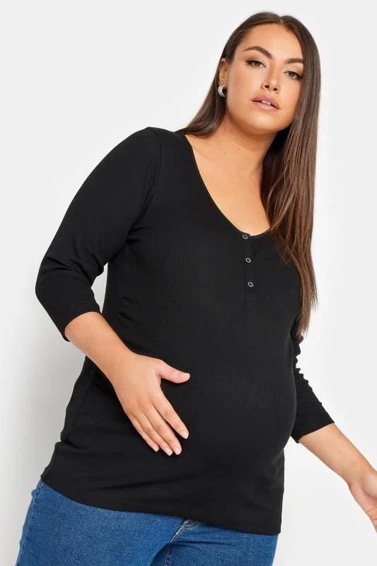 Bump It Up BUMP IT UP MATERNITY Curve Black Ribbed Popper Fastening Top
