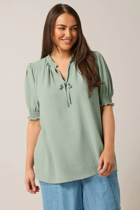 Evans EVANS Curve Sage Green Frilled Tie Neck Blouse