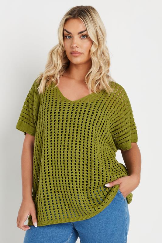 Yours YOURS Curve Green Crochet Short Sleeve Top