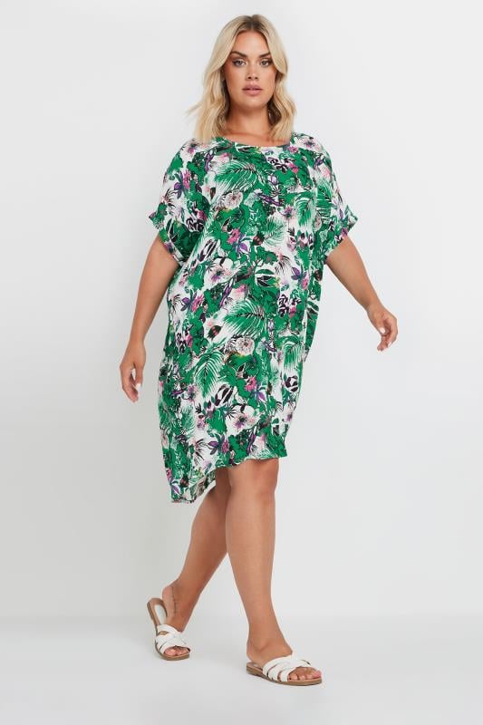 Yours YOURS Curve Green Tropical Print Tunic Dress
