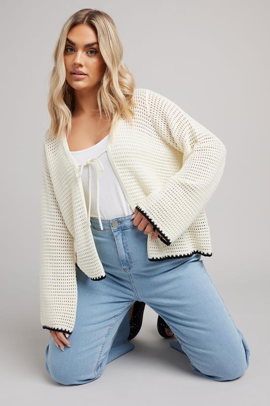 Yours YOURS Curve White Crochet Tie Front Cardigan