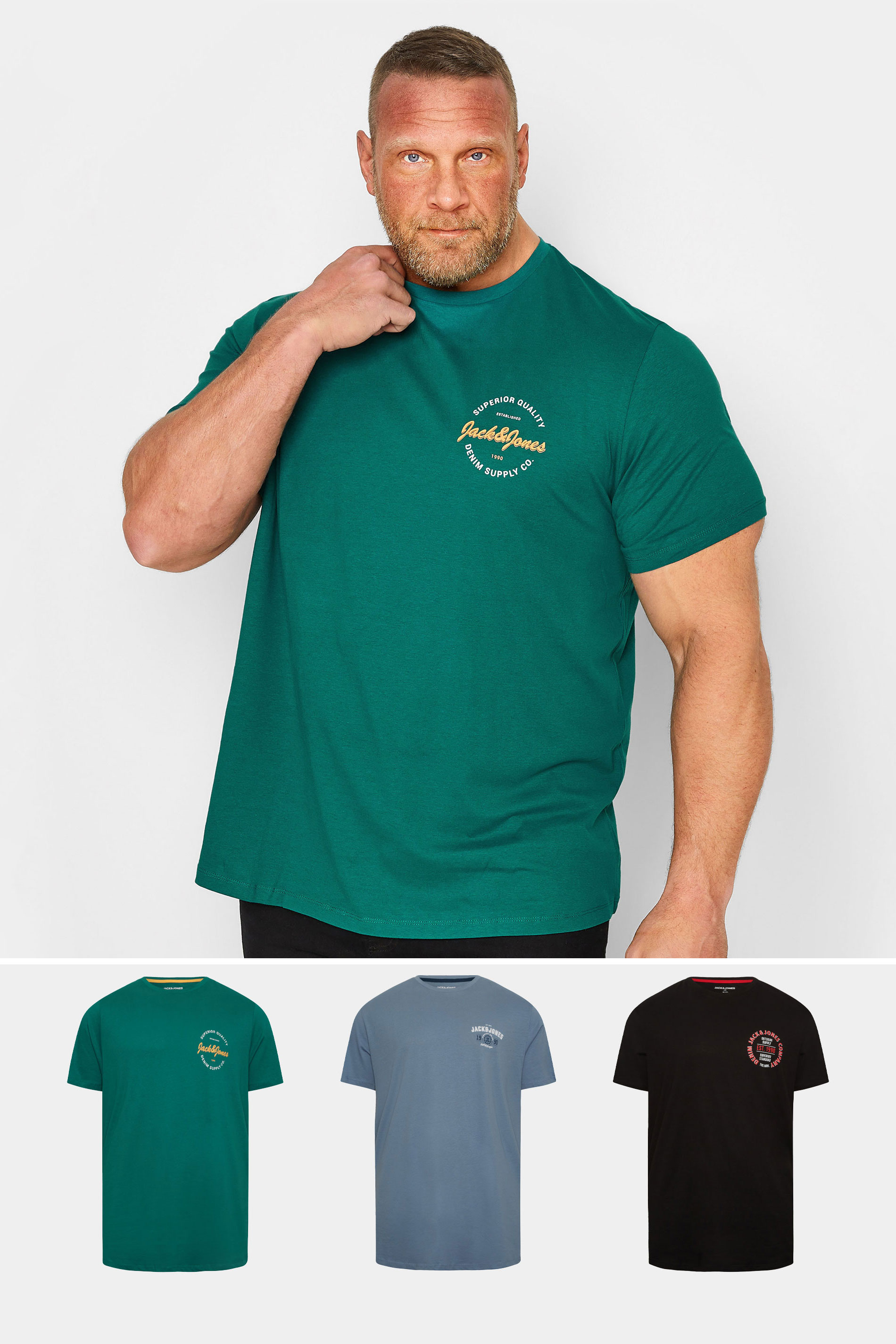Jack & Jones JACK & JONES Big & Tall Green & Black 3 Pack T-Shirts