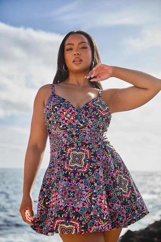 Yours YOURS Curve Black Paisley Print Swimdress