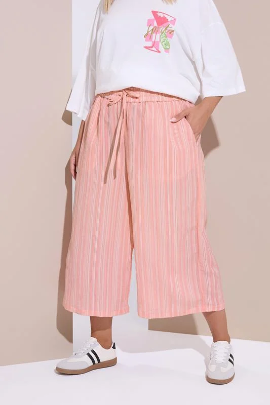 Yours YOURS Curve Pink Stripe Textured Cropped Trousers
