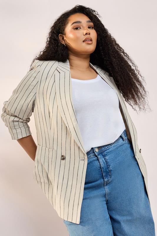 Yours YOURS Curve Beige Brown Stripe Tailored Linen Blazer