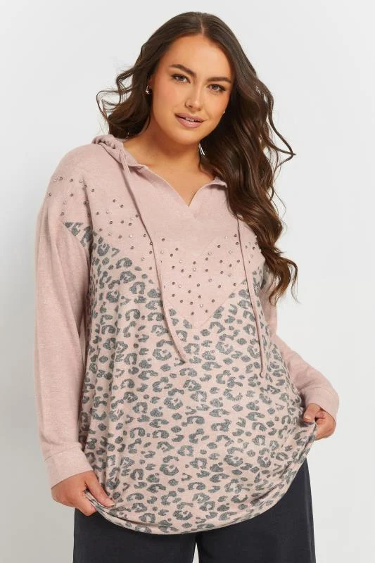 Yours YOURS Curve Pink Leopard Print Stud Hoodie