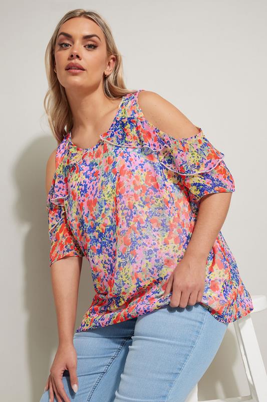 Yours YOURS Curve Orange Floral Print Cold Shoulder Frill Blouse