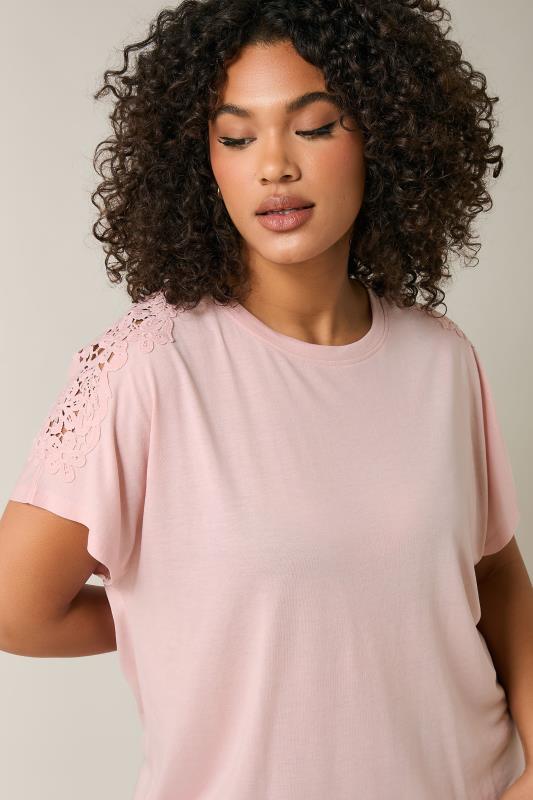 Evans EVANS Curve Pink Crochet Shoulder Modal Rich T-Shirt