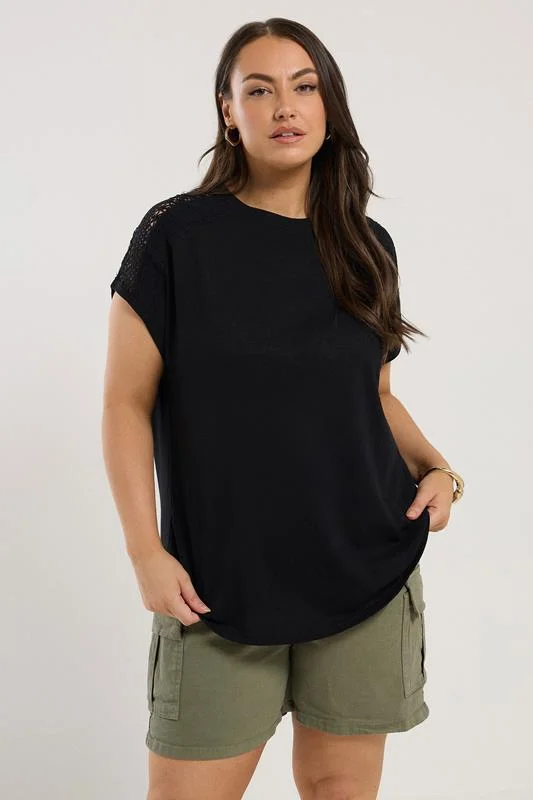 Yours YOURS Curve Black Crochet Detail Linen T-Shirt