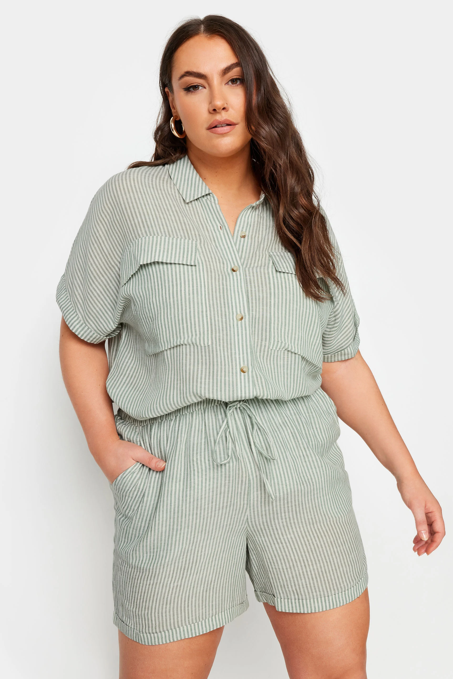 Yours YOURS Curve Sage Green Stripe Linen Shorts