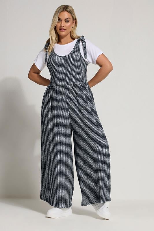 Yours YOURS Curve Navy Blue Gingham Textured Wide Leg Jumpsuit