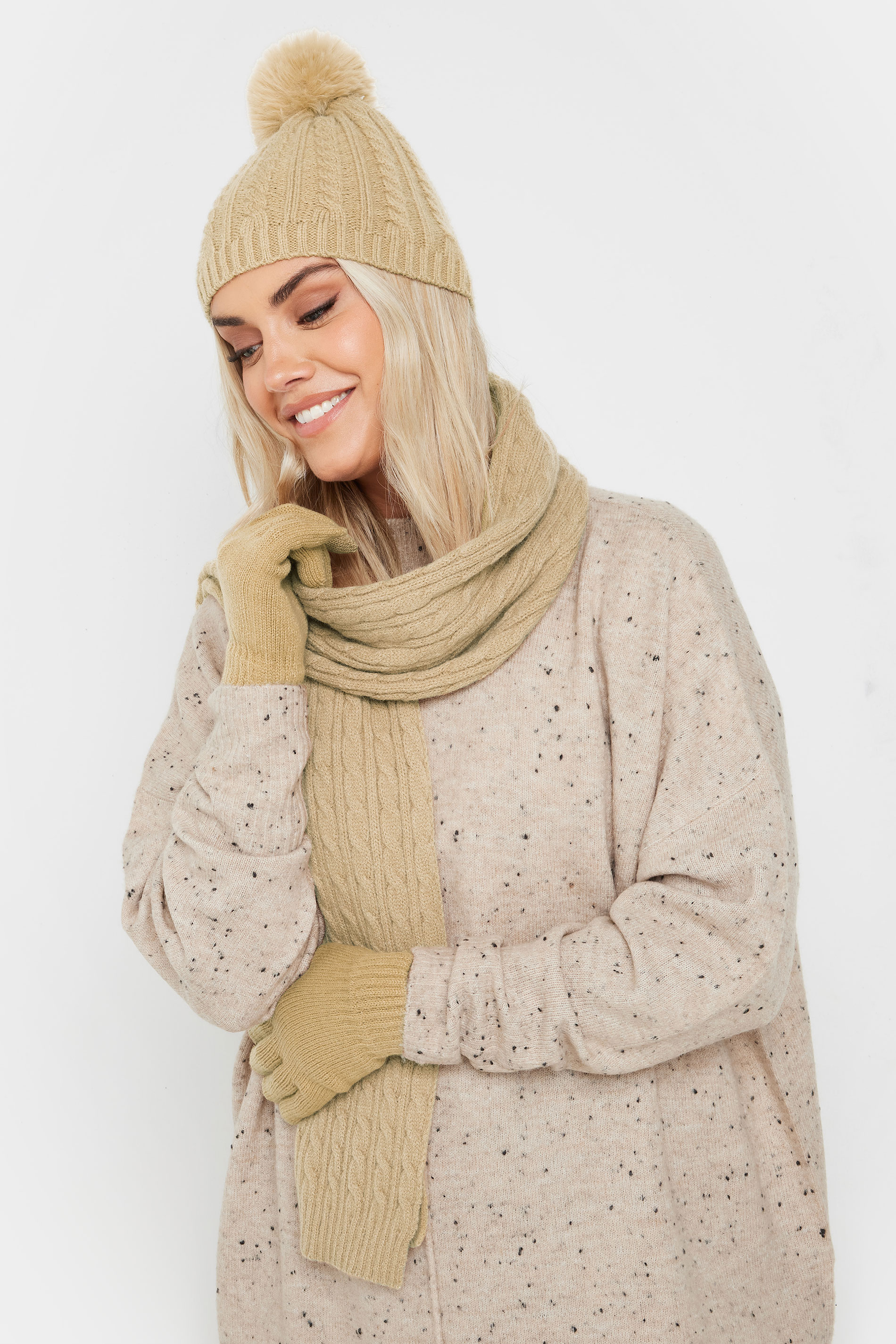 Yours Beige Brown Cable Knit Hat Gloves & Scarf Set