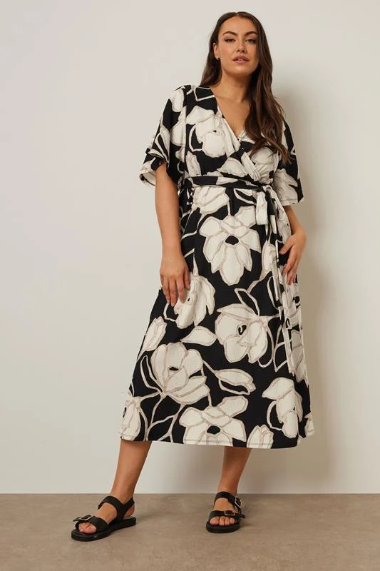 Yours YOURS Curve Black Floral Wrap Textured Midi Dress