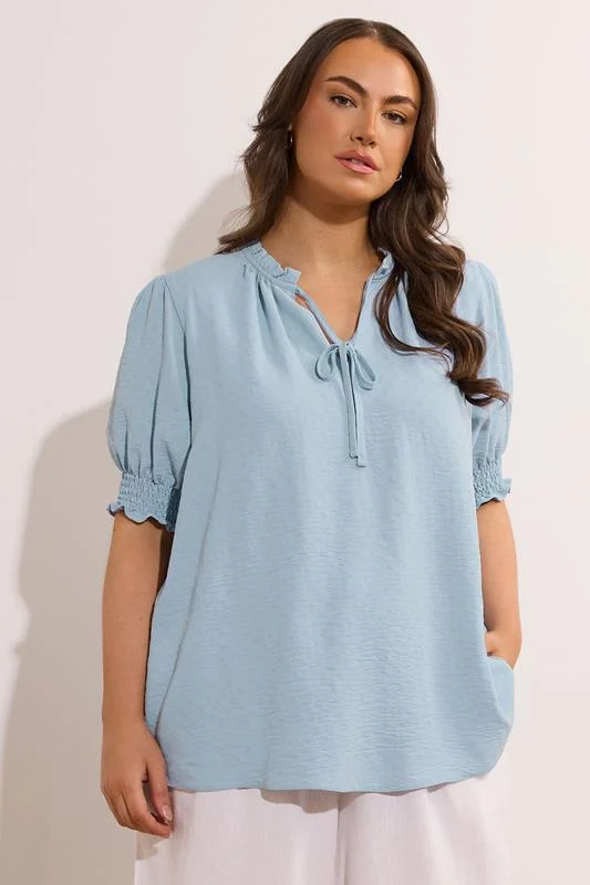 Evans EVANS Curve Light Blue Frilled Tie Neck Blouse