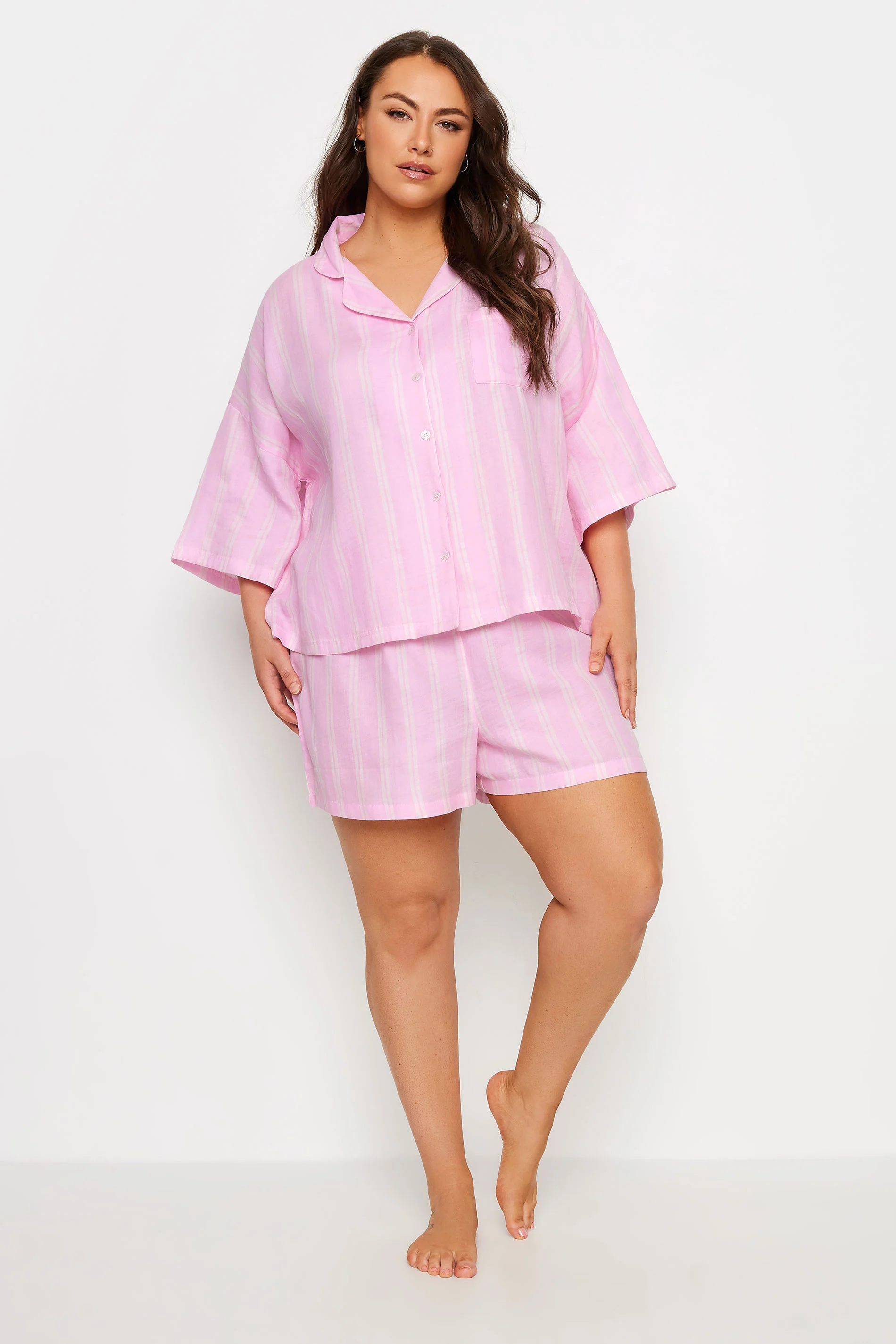 Yours YOURS Curve Pink Striped Pyjama Set