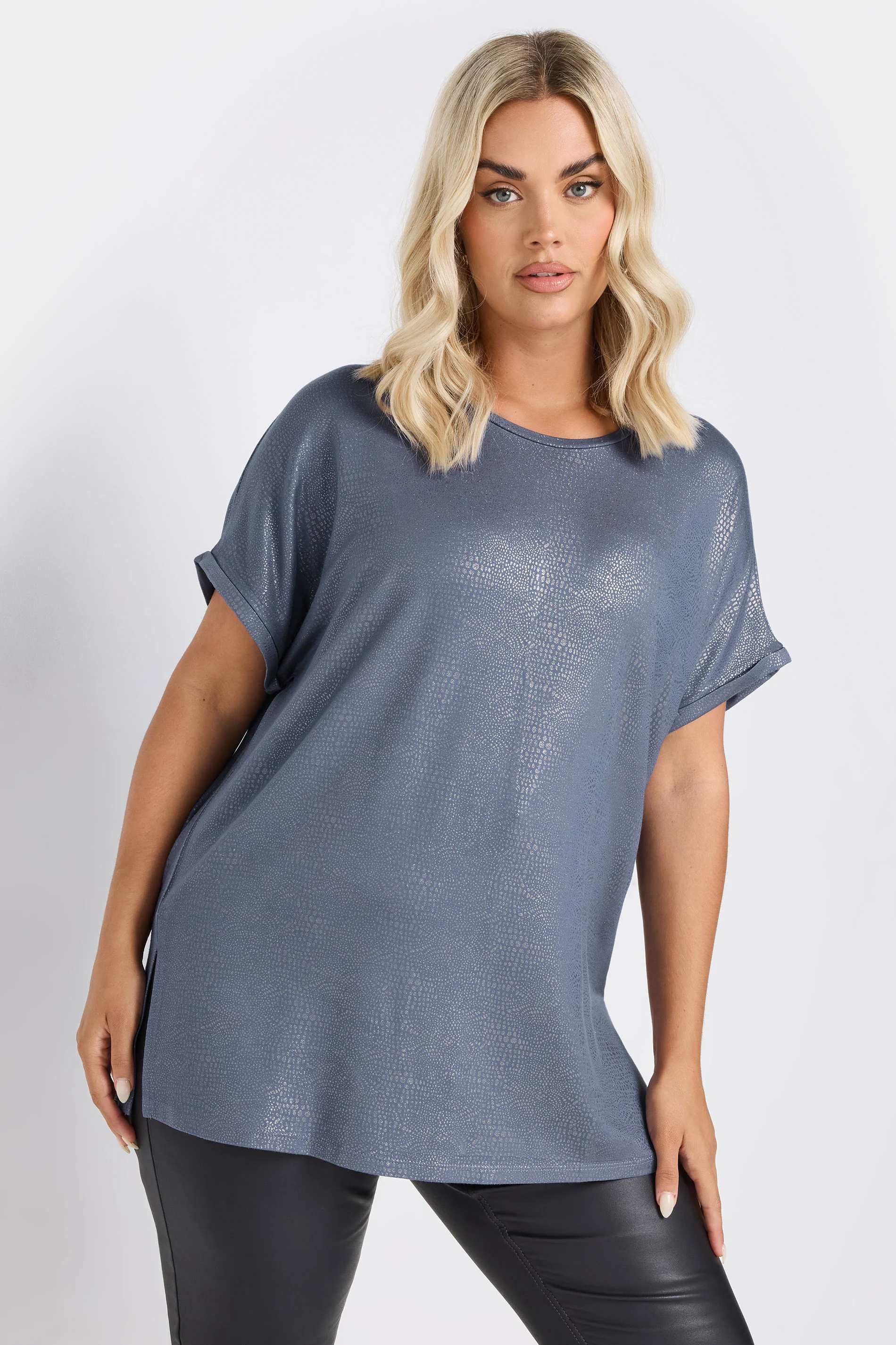 Yours YOURS Curve Blue Foil Short Sleeve Top