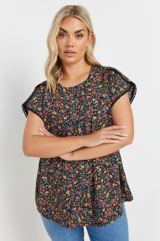 Yours YOURS Curve Black Floral Crochet Trim Blouse