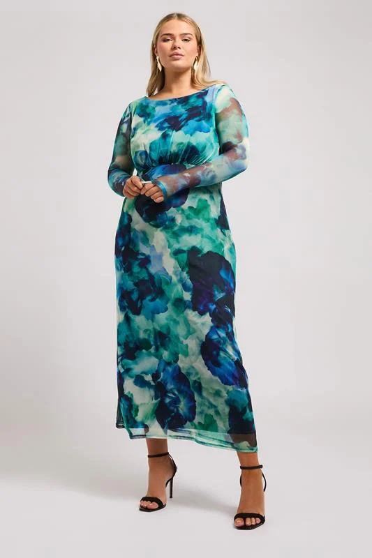 Yours London YOURS LONDON Curve Blue Blurred Abstract Print Mesh Maxi Dress