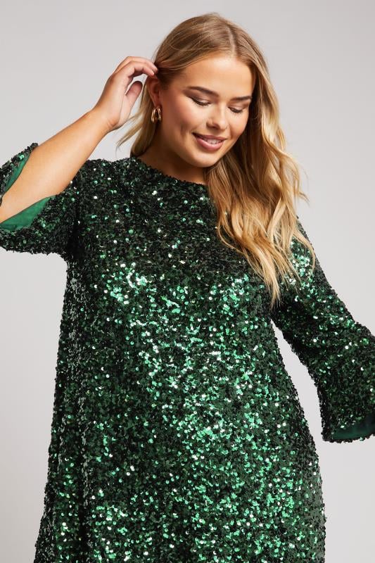Yours London YOURS LONDON Curve Green Sequin Flute Sleeve Top