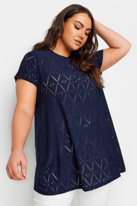 Yours YOURS Curve Navy Blue Broderie Anglaise Swing T-Shirt