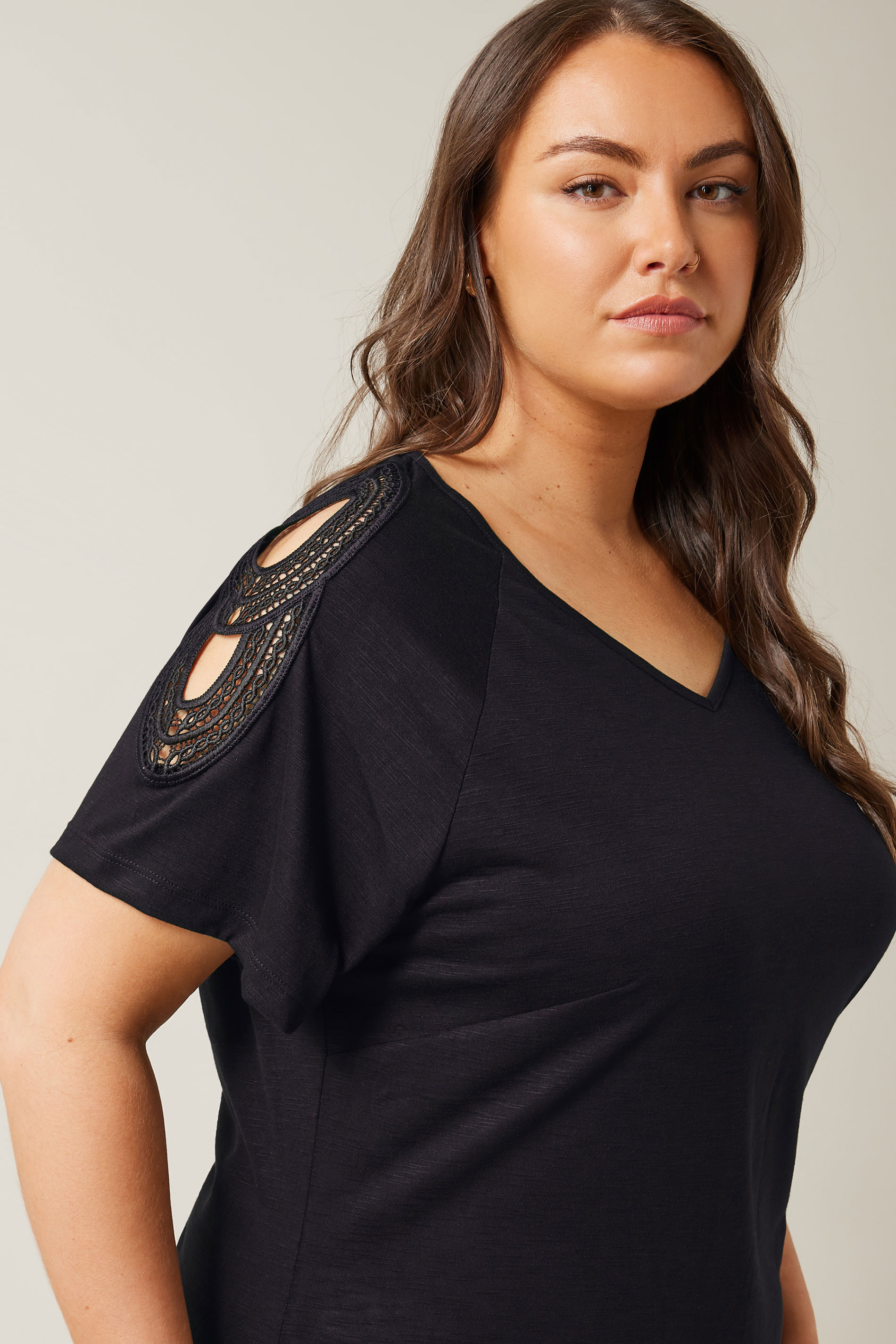 Evans Evans Black Crochet Sleeve Top