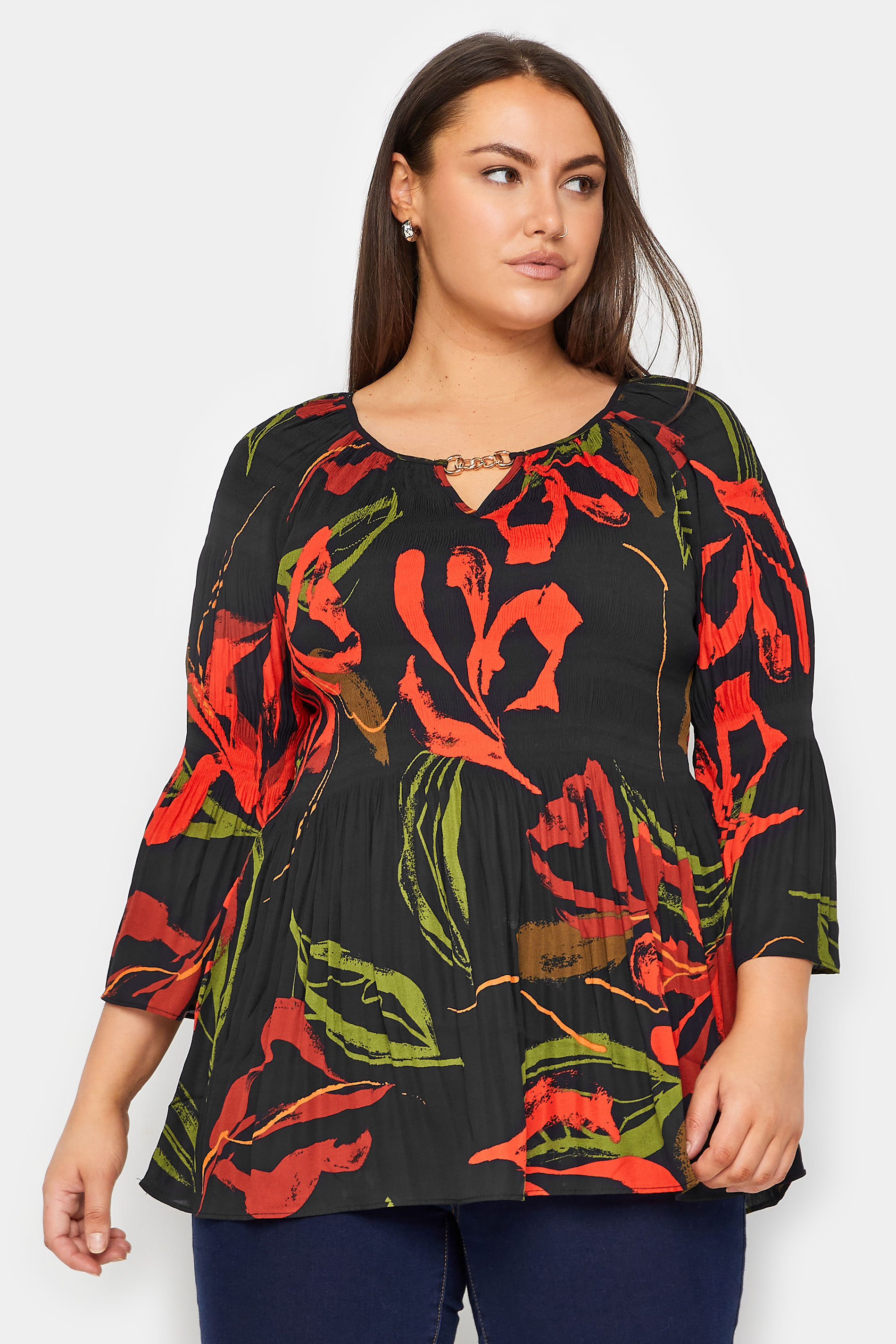 Evans Evans Black Floral Chain Detail Blouse