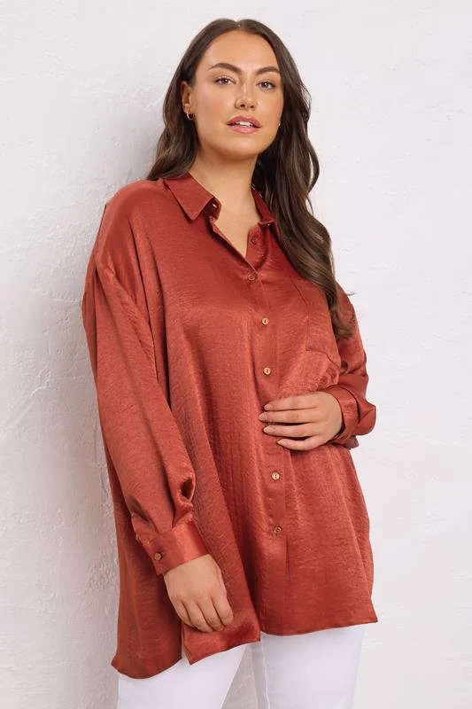 Evans EVANS Curve Rust Orange Metallic Button Through Shirt
