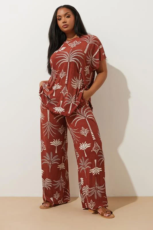 Yours YOURS Curve Brown Palm Print Plisse Wide Leg Trousers
