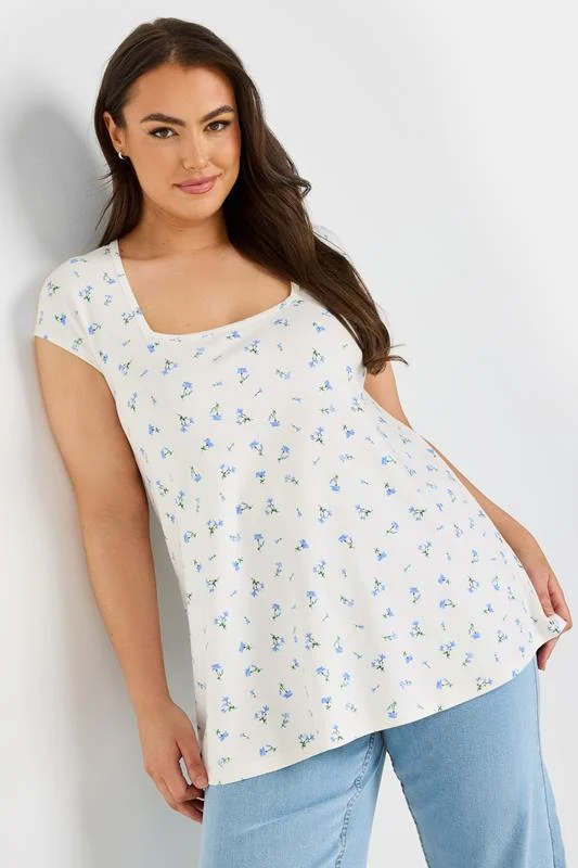 Yours YOURS Curve White Floral Square Neck Heavyweight Top