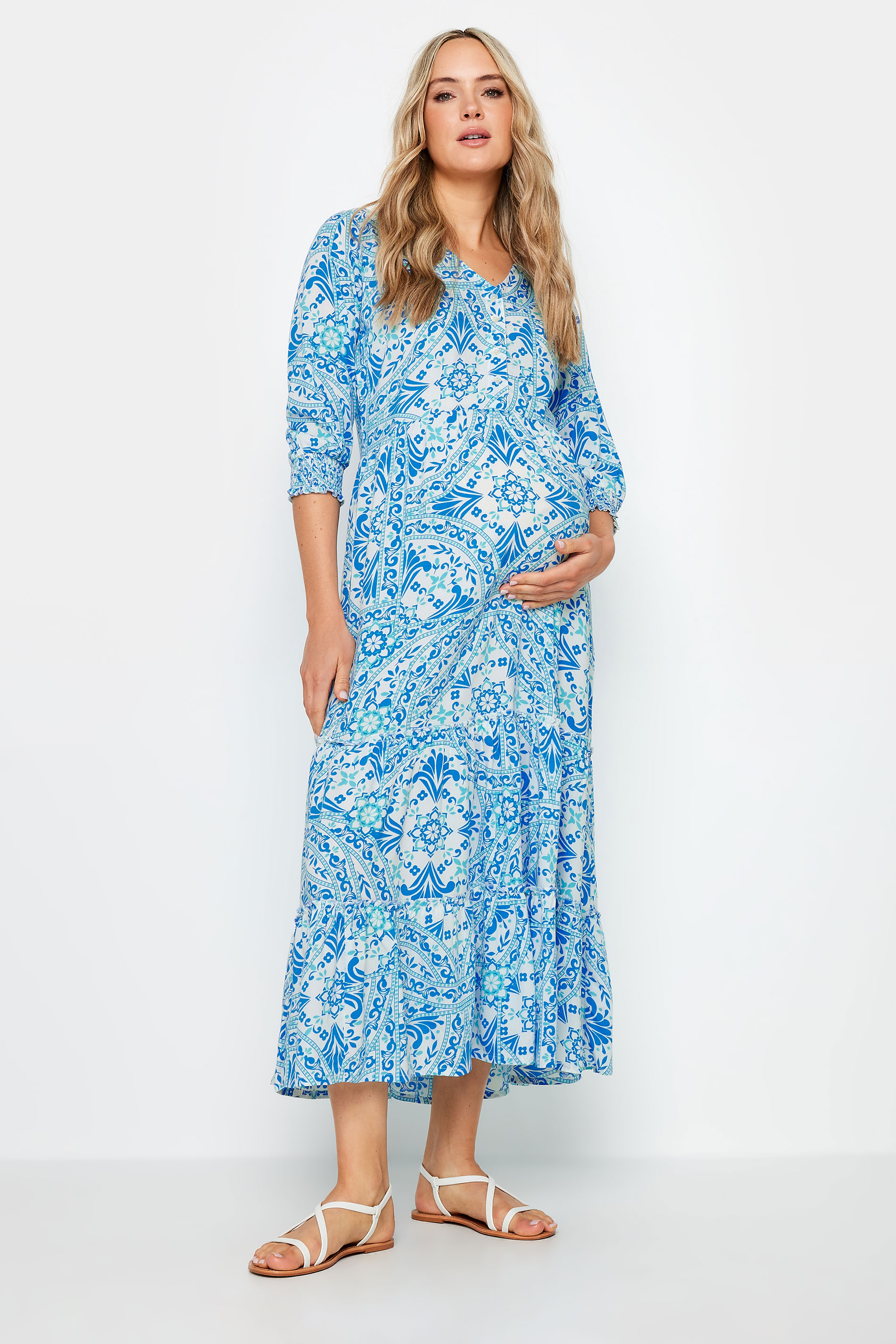 LTS LTS Tall Maternity Blue Tile Print Tiered Midaxi Dress