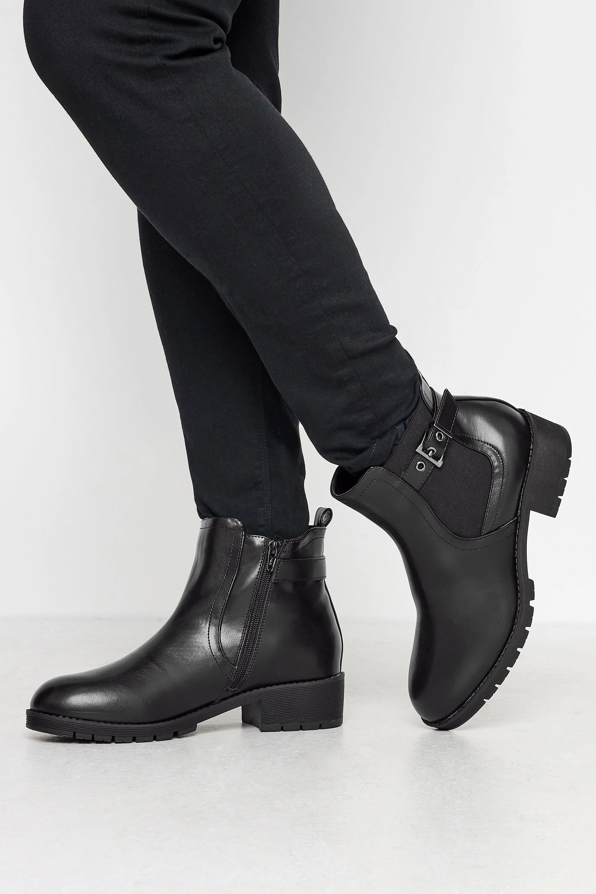 Yours Black Faux Leather Buckle Ankle Boots In Wide E Fit & Extra Wide EEE Fit