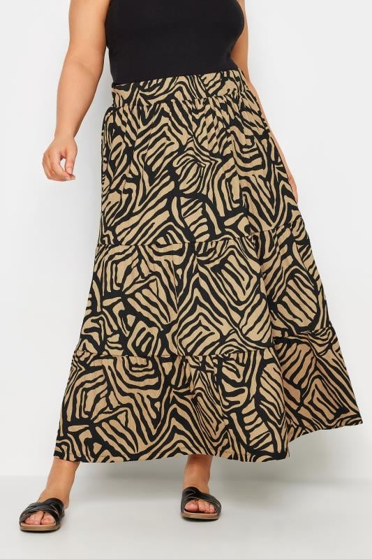 Yours YOURS Curve Beige Brown Abstract Print Maxi Skirt