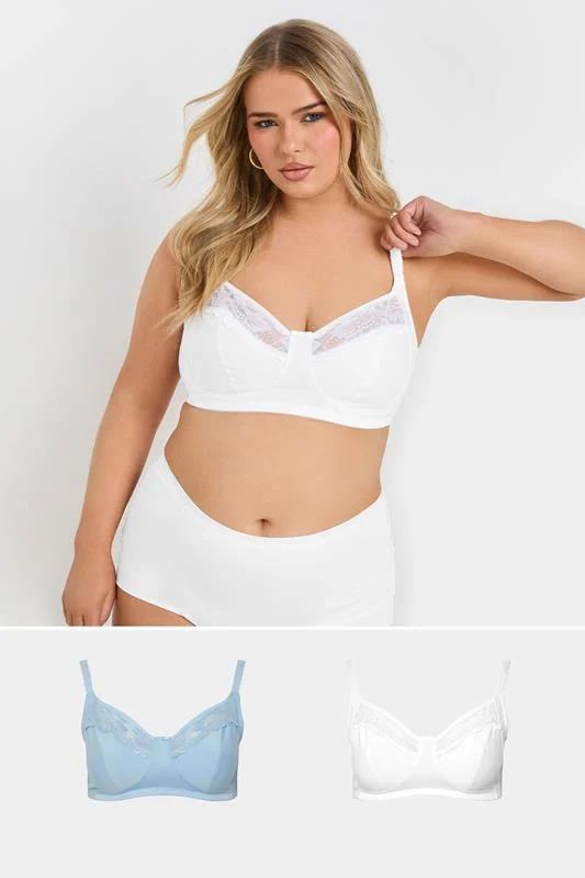 Yours YOURS 2 PACK Blue & White Cotton Lace Trim Non-Padded Non-Wired Bralettes