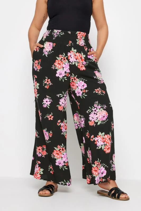 Yours YOURS Curve Black Floral Bloom Print Shirred Wide Leg Trousers