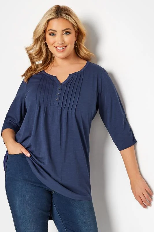 Yours YOURS Curve Denim Blue Pintuck Henley T-Shirt