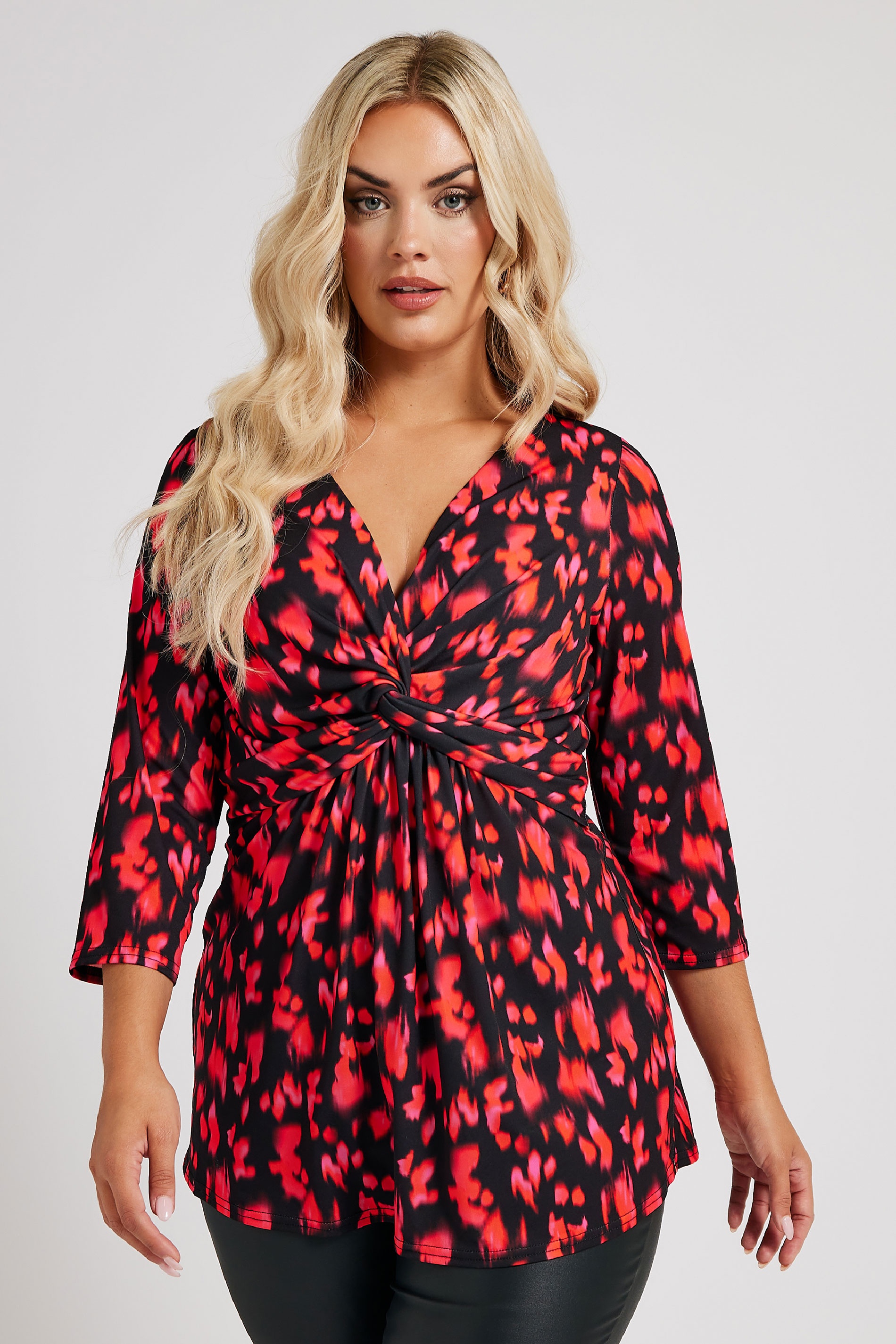 Yours London YOURS LONDON Curve Red Abstract Print Knot Front Top