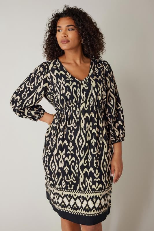 Evans EVANS Curve Black & Brown Ikat Print Mini Dress