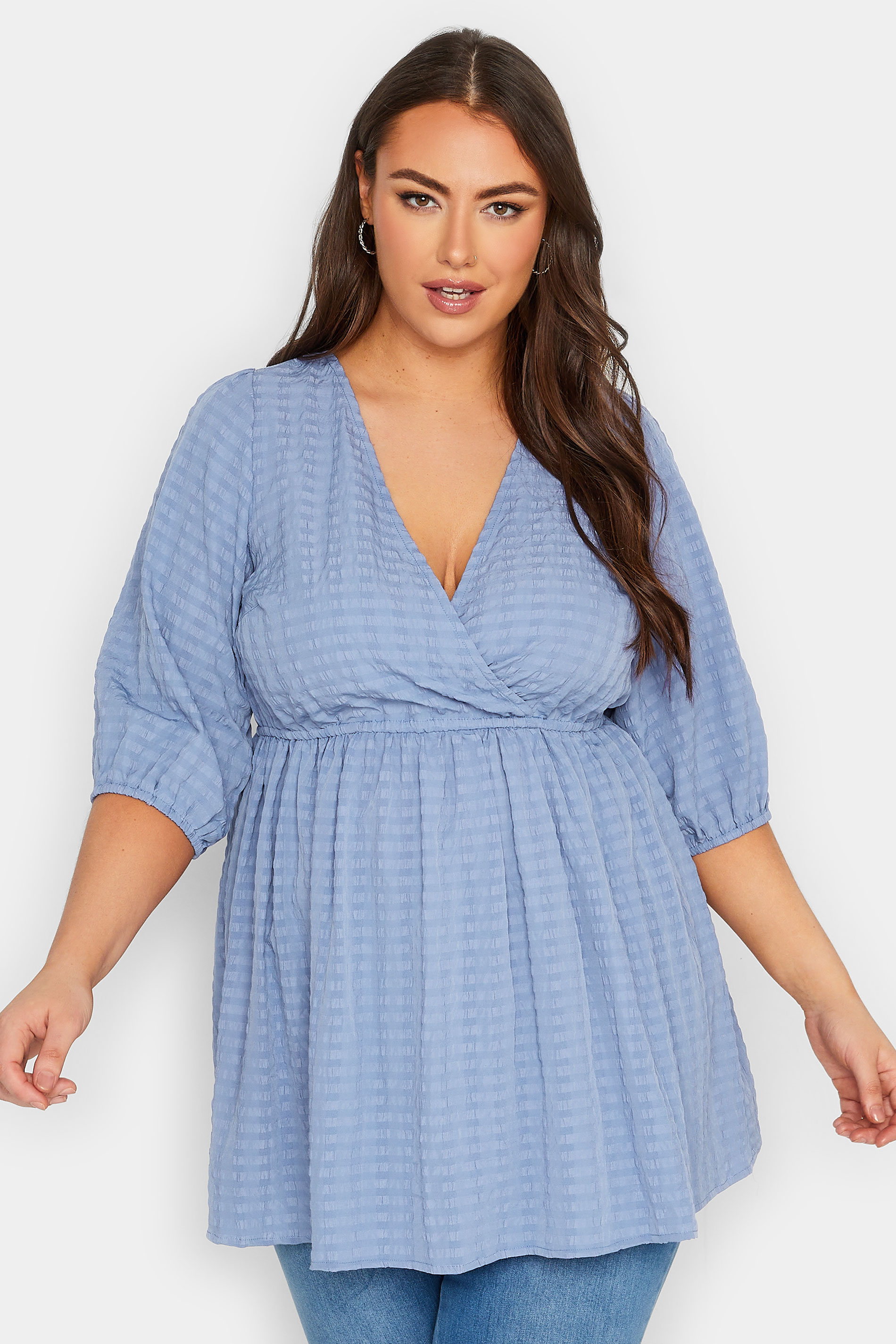 Yours YOURS Curve Baby Blue Textured Wrap Top