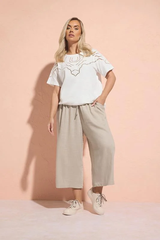 Yours YOURS Curve Natural Brown Wide Leg Ankle Grazer Linen Trousers