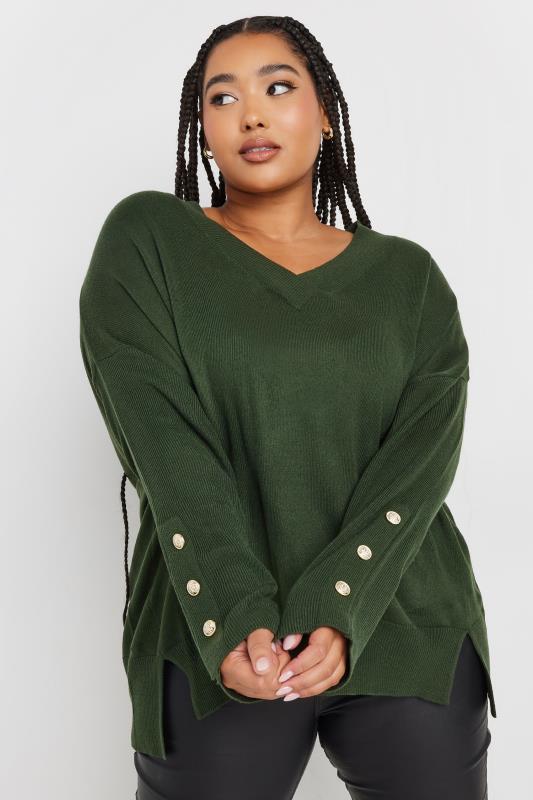 Yours YOURS Curve Forest Green Button Sleeve Jumper